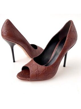 GUCCI | Vintage Guccissima GG Logo Brown Leather Peep Toe High Heel Pumps EU 37
